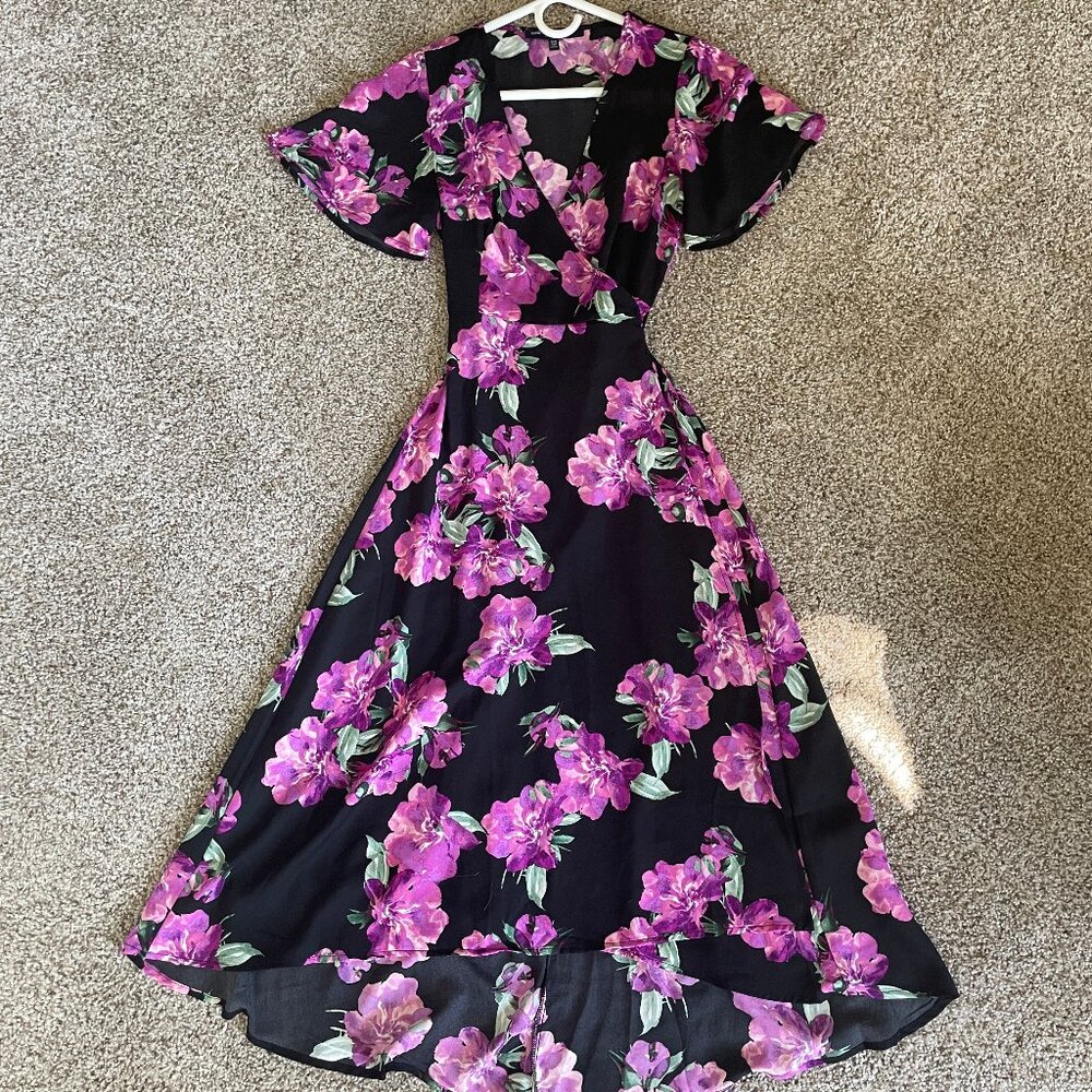 One Clothing black and purple floral formal long wrap dress